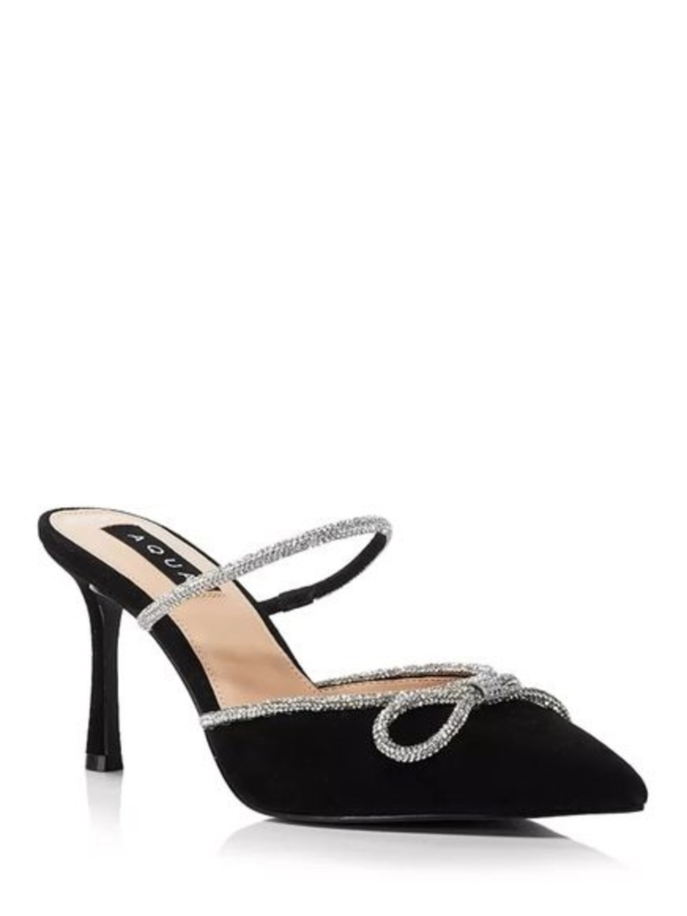 AQUA Embellished Bow Mule Heels Black Suede - Rhinestone Pointed Heels - Size 10